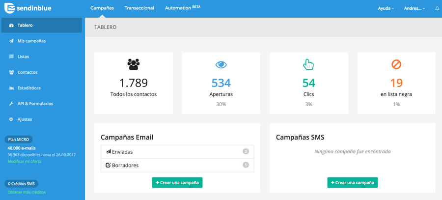Alternativas para dejar de usar MailChimp de una vez por todas 2 interfaz de sendinblue