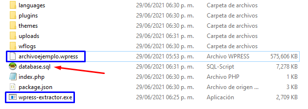 Lista de Archivos extraídos descomprimir un archivo .wpress