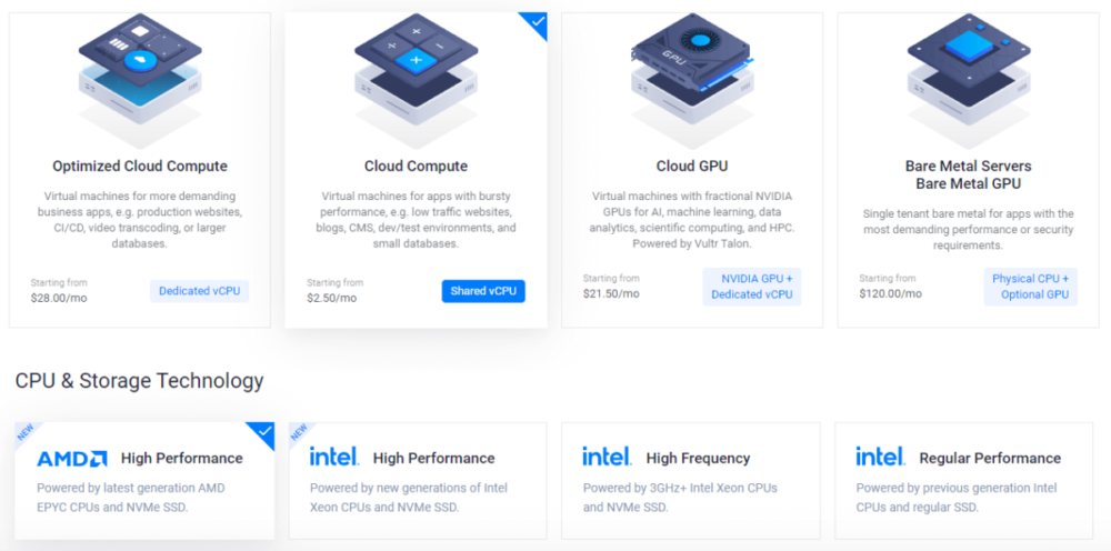 selector de planes de VPS