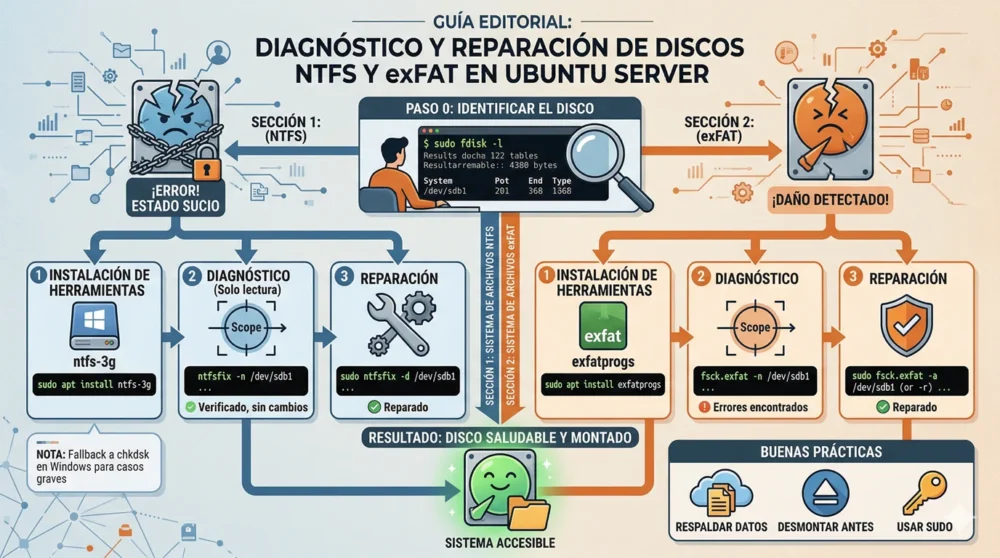 Diagnóstico y reparación de discos NTFS y exFAT en Ubuntu Server 1 Ilustracion detallada de como es el Diagnóstico y reparación de discos en Ubuntu Server
