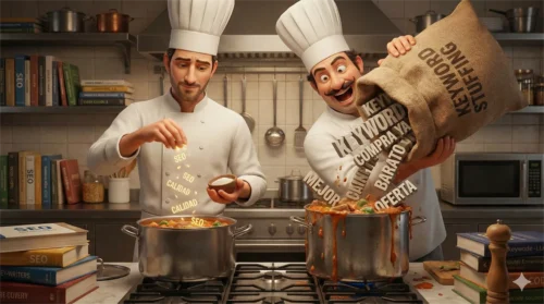 Ilustración 3D con una analogía de cocina sobre la densidad de palabras clave. Un chef añade con delicadeza términos como 'SEO' y 'CALIDAD' a una olla, contrastando con otro chef que vuelca caóticamente un saco enorme etiquetado 'KEYWORD STUFFING' lleno de términos basura.