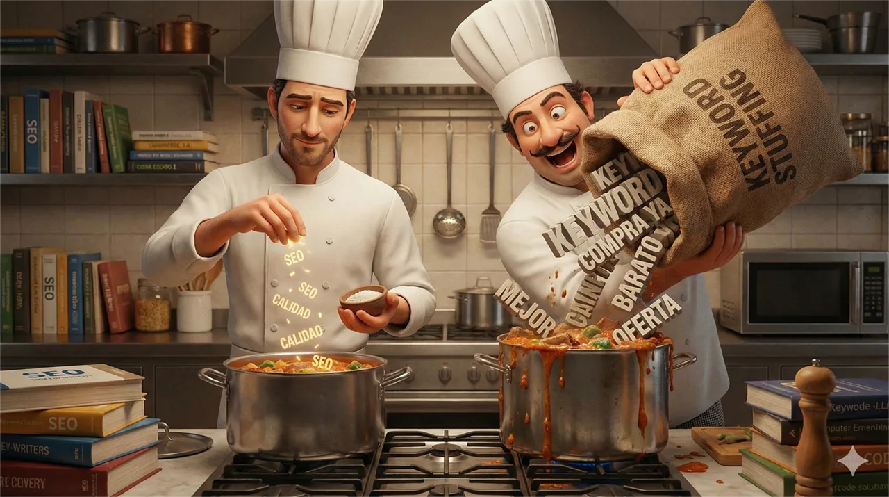 Ilustración 3D con una analogía de cocina sobre la densidad de palabras clave. Un chef añade con delicadeza términos como 'SEO' y 'CALIDAD' a una olla, contrastando con otro chef que vuelca caóticamente un saco enorme etiquetado 'KEYWORD STUFFING' lleno de términos basura.