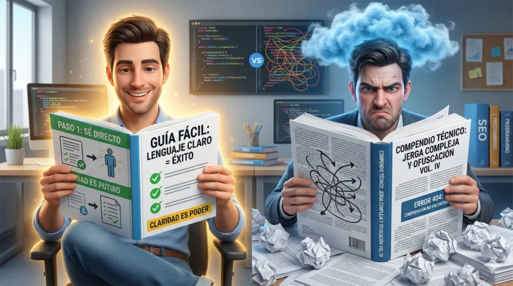 Ilustración en 3D que contrasta la experiencia de usuario con dos manuales. A la izquierda, un hombre sonríe leyendo una "Guía Fácil" con lenguaje claro y diagramas simples. A la derecha, un hombre frustrado y rodeado de papeles arrugados lucha por entender un "Compendio Técnico" denso y lleno de jerga compleja.